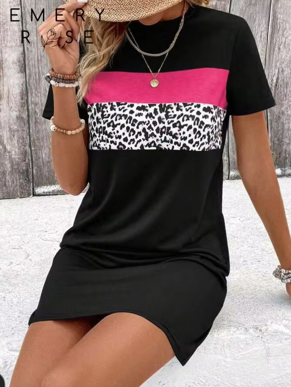 Emery Rose Black Mini Dress with Pink and Leopard Band